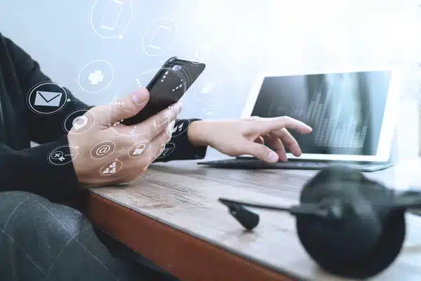 Man hand using voip headset